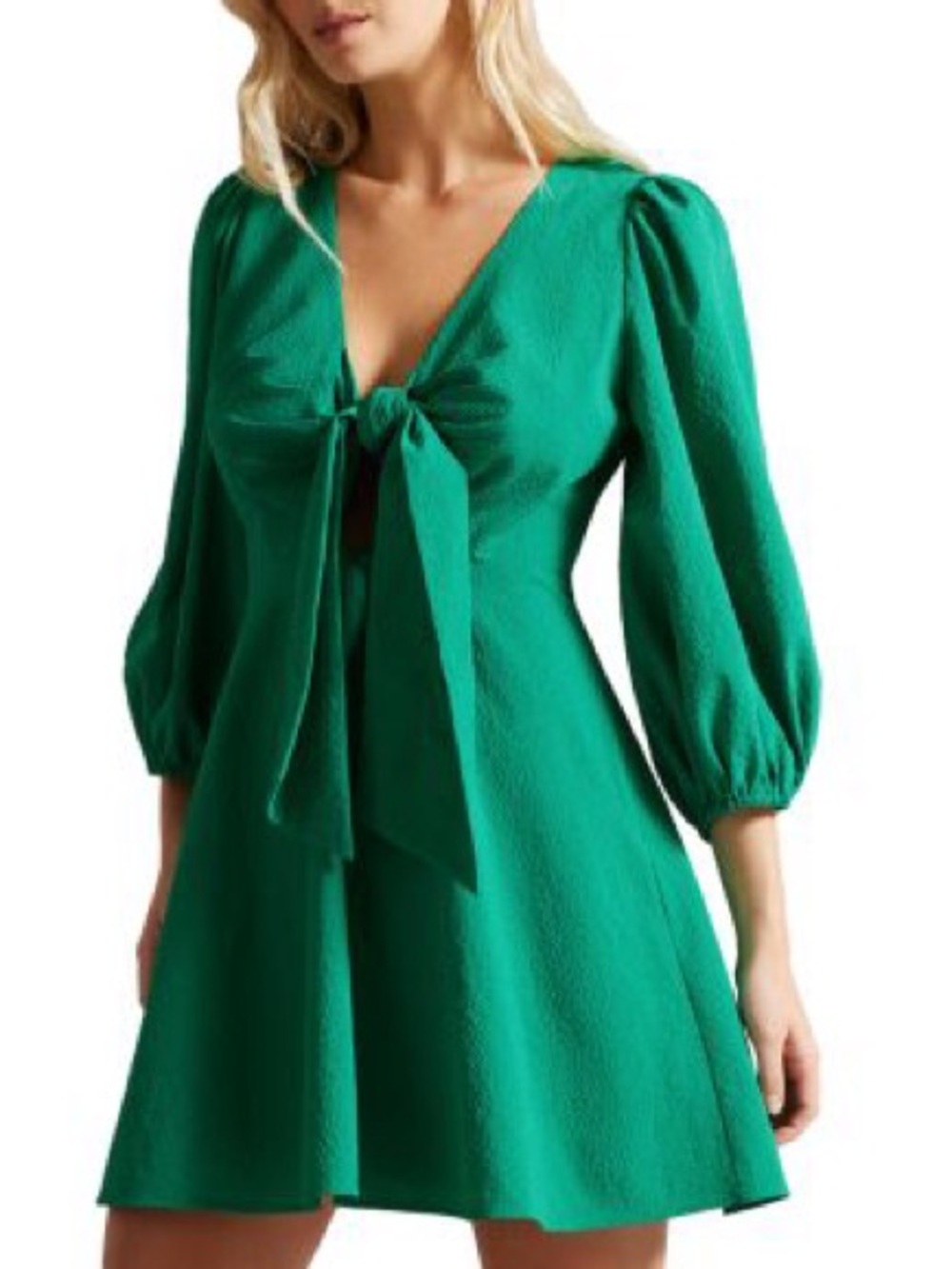 Ted Baker Jozelyn Green Tie Front Blouson Sleeve Mini Dress Size 2 US 6